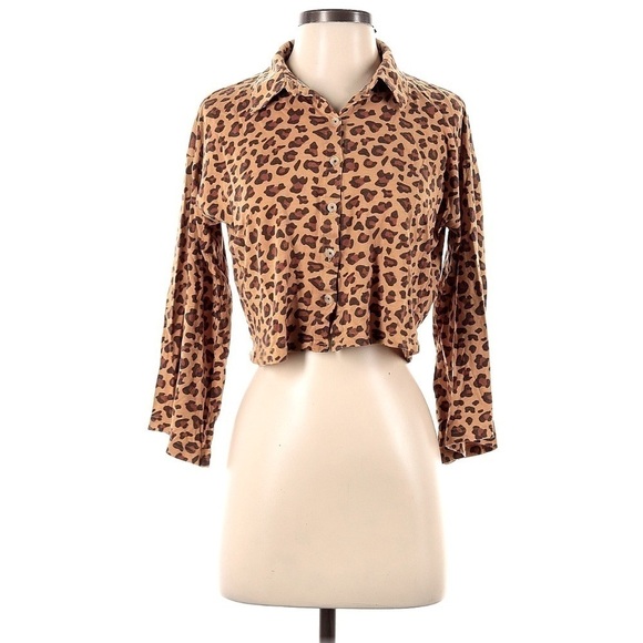 ANTHROPOLOGIE Leopard Print Bell Sleeve Cropped Button Up Polo XXSP VGUC - Picture 1 of 7